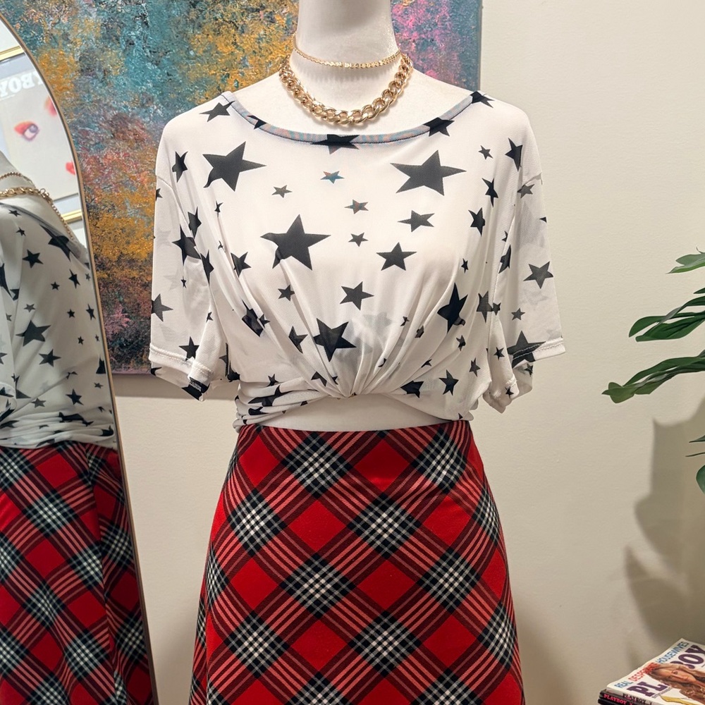 Dolls Kill Discreet Black and White Star Print Mesh Top size XL